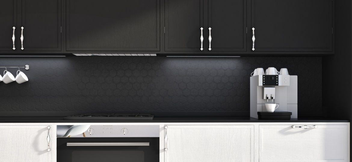 Black wall kitchen, white countertops