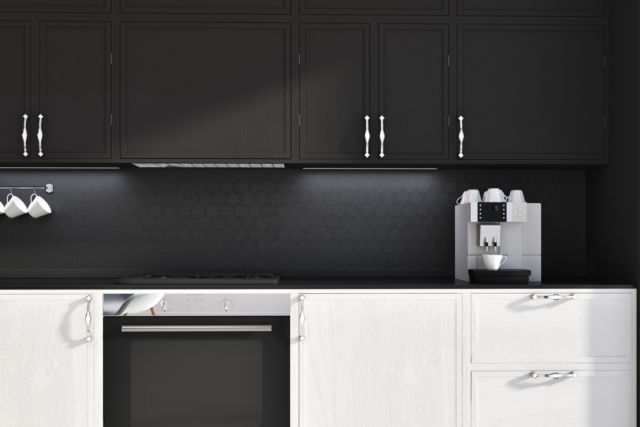 Black wall kitchen, white countertops